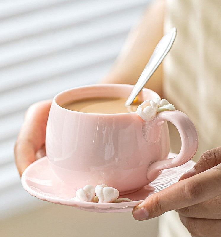 Blossom Grace – Handcrafted Porcelain Coffee Cup & Saucer Set
