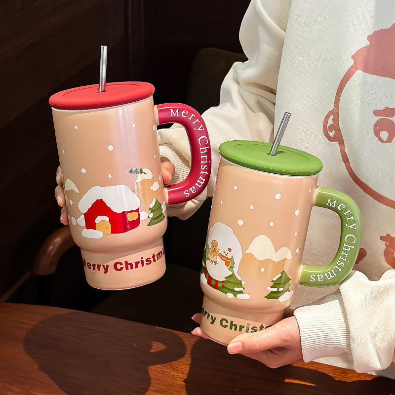 Holiday Hug – Large Christmas Ceramic Mug with Lid & Straw Gift Cup