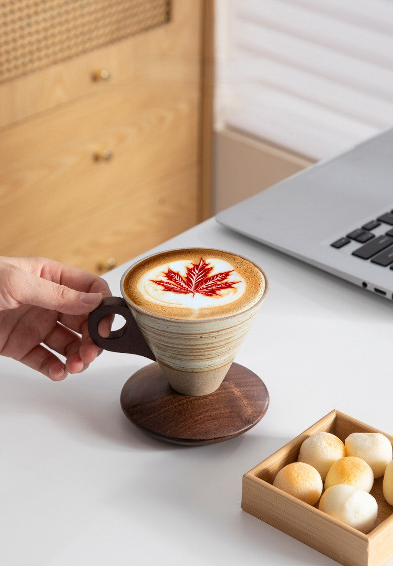 Funnel Balance – Handcrafted Rustic Ceramic Coffee Cup with Wooden Saucer