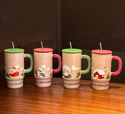 Holiday Hug – Large Christmas Ceramic Mug with Lid & Straw Gift Cup