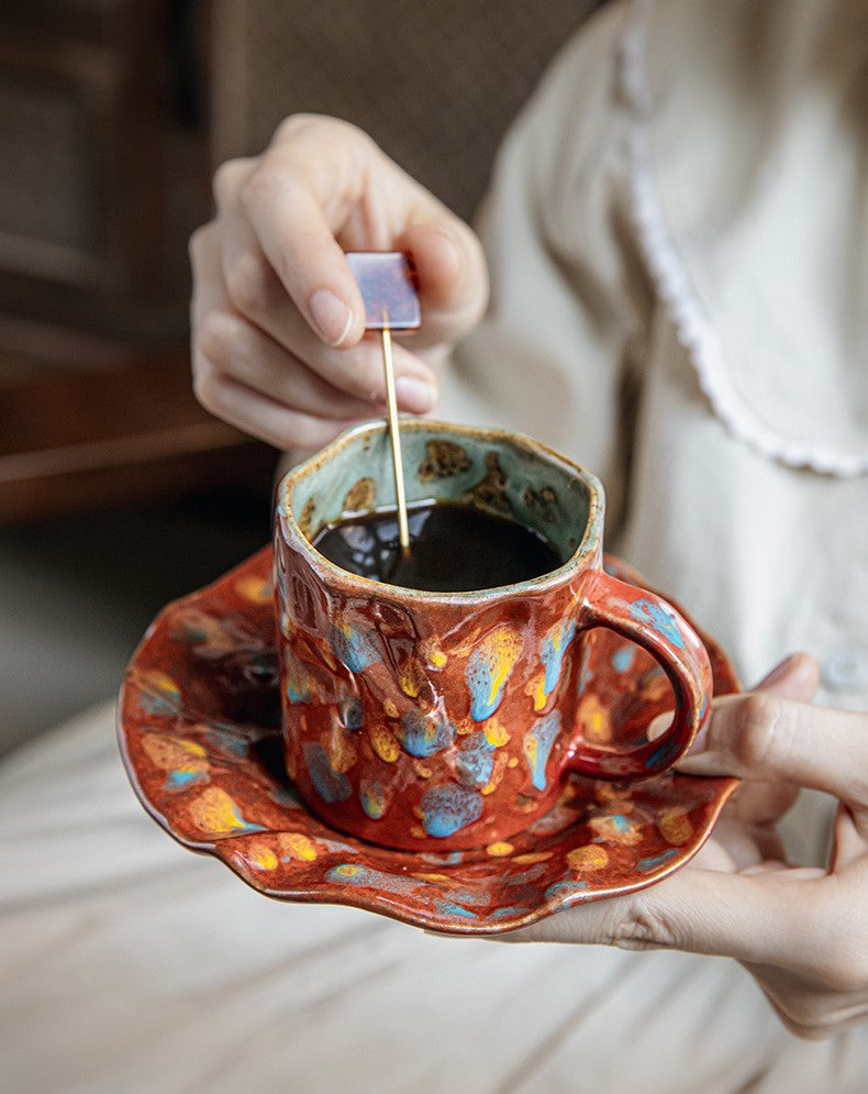 Crimson Bloom – Handcrafted Rustic Ceramic Coffee Cup & Saucer Set