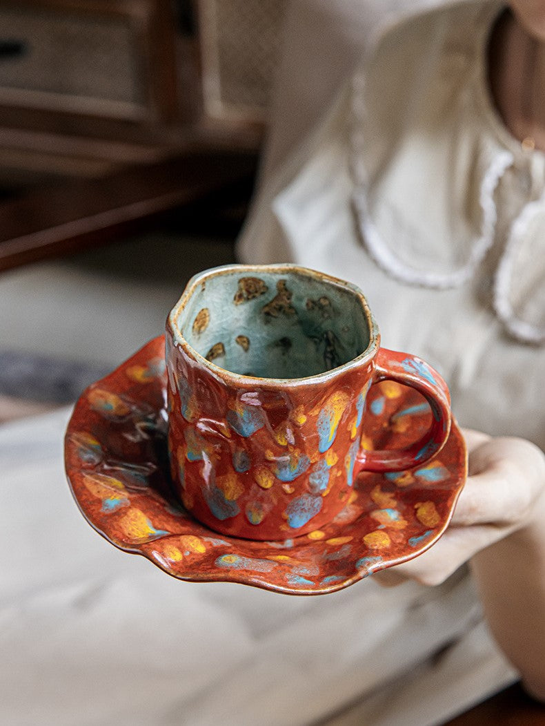 Crimson Bloom – Handcrafted Rustic Ceramic Coffee Cup & Saucer Set
