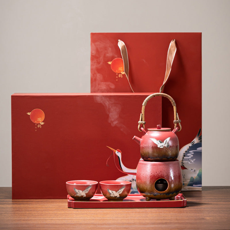 Forbidden City Red “Celestial Crane” Teapot Set — Five-Piece Auspicious Tea Ceremony Gift Collection