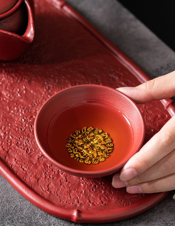 Four Seasons Peace — Handcrafted Ceramic Tea Cup Set with Forbidden City Red glaze