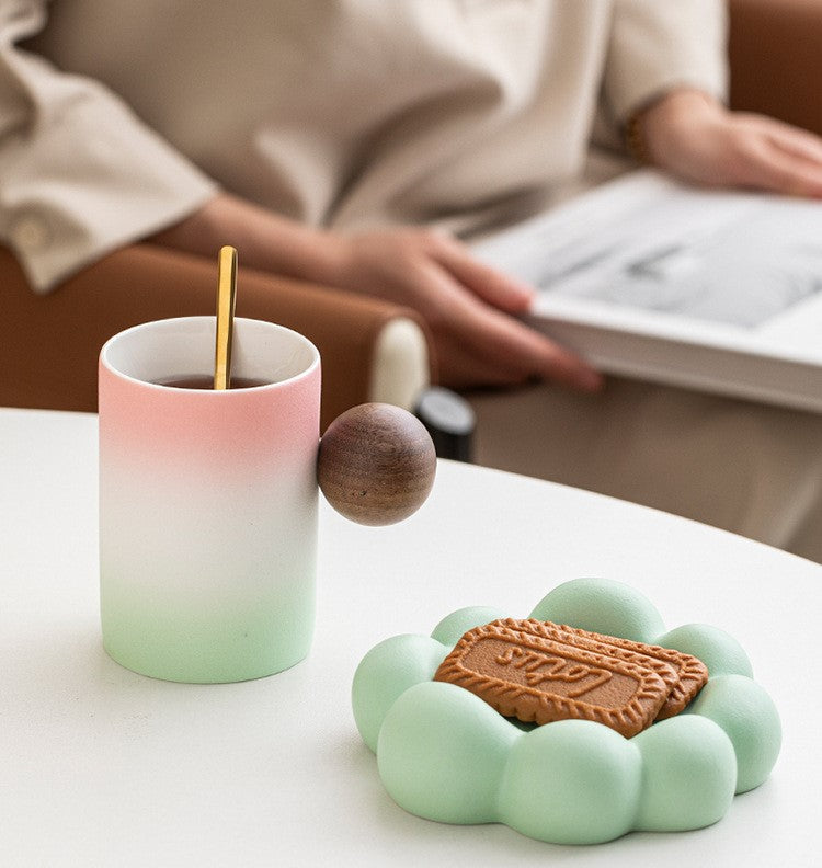 Cloud & Orb – Handcrafted Porcelain Mug with Wooden Sphere Handle & Saucer