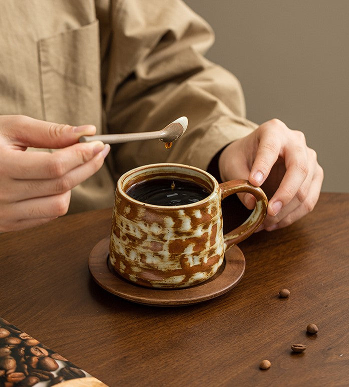 Rustic Ember – Handcrafted Ceramic Coffee Cup with Wooden Saucer