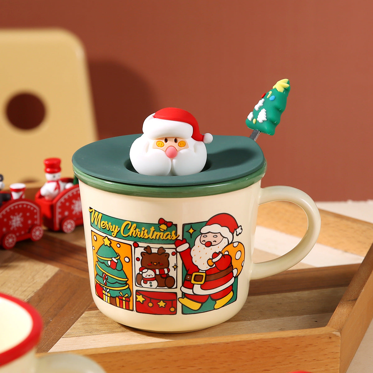 Santa Joy – Handcrafted Christmas Ceramic Mug with Lid & Spoon