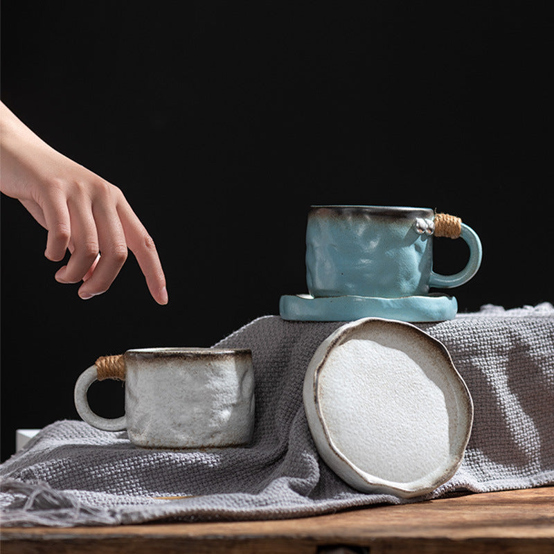 Earthbound Elegance – Wabi-Sabi Rope Handle Porcelain Coffee Cup & Saucer Set