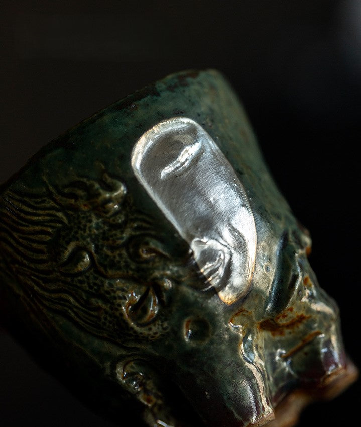 Zen Face – Handcrafted Ceramic Tea Cup with Silver Relief Gift Set