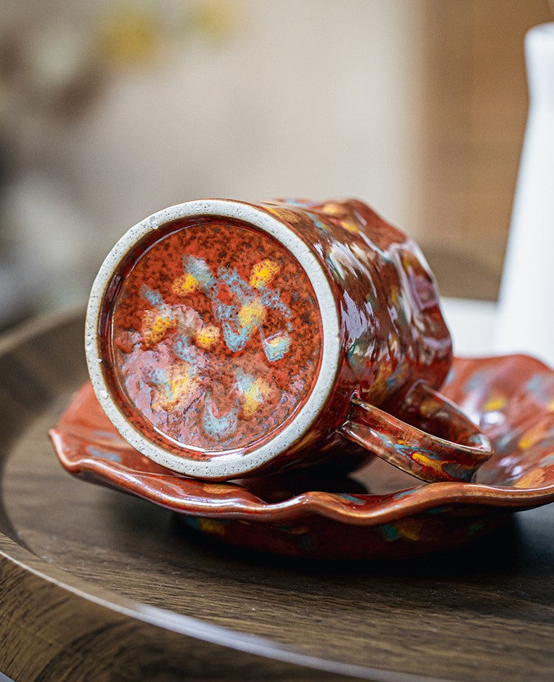 Crimson Bloom – Handcrafted Rustic Ceramic Coffee Cup & Saucer Set