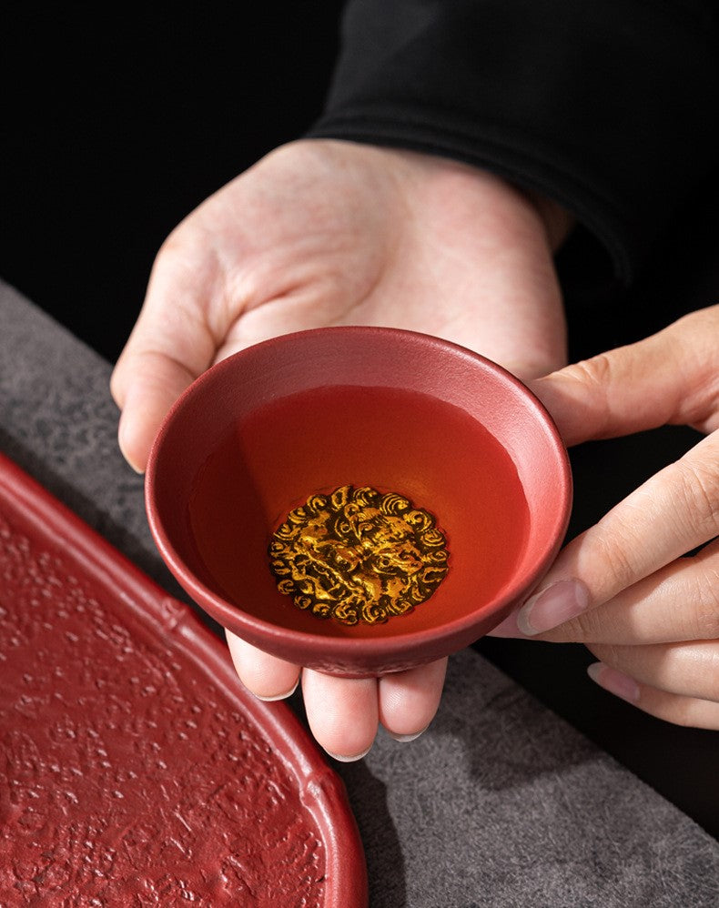 Four Seasons Peace — Handcrafted Ceramic Tea Cup Set with Forbidden City Red glaze