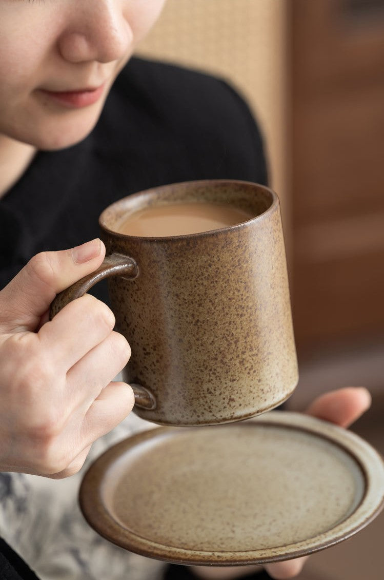 Earthen Stillness – Handcrafted Rustic Ceramic Straight Coffee Cup with Saucer