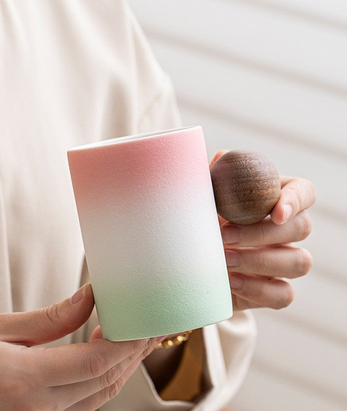 Cloud & Orb – Handcrafted Porcelain Mug with Wooden Sphere Handle & Saucer