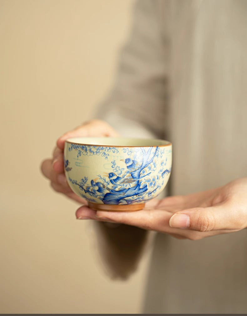 Joy Rising – Handcrafted Porcelain Tea Cup with Magpie & Plum Motif