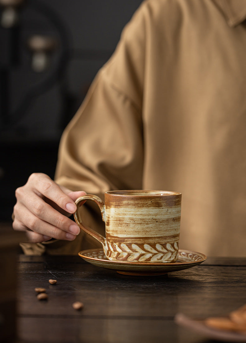 Wheat Harmony – Handcrafted Vintage Ceramic Coffee Cup & Saucer Set