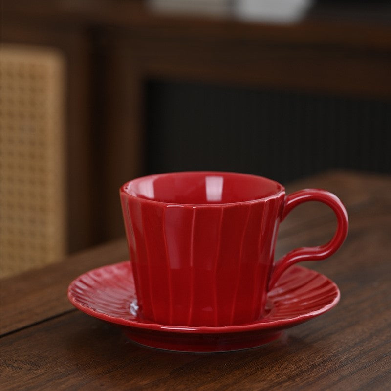 Ripple Glow – Vintage Red Ceramic Coffee Cup & Saucer Set