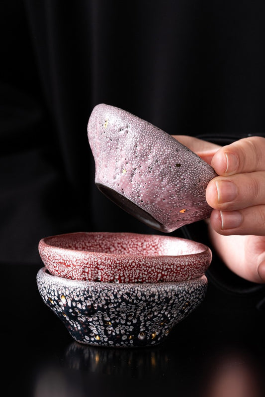Tranquility Cups — Purple Aura Rising, Crimson Bloom, and Twilight Mist Ceramic Tea Cup Set