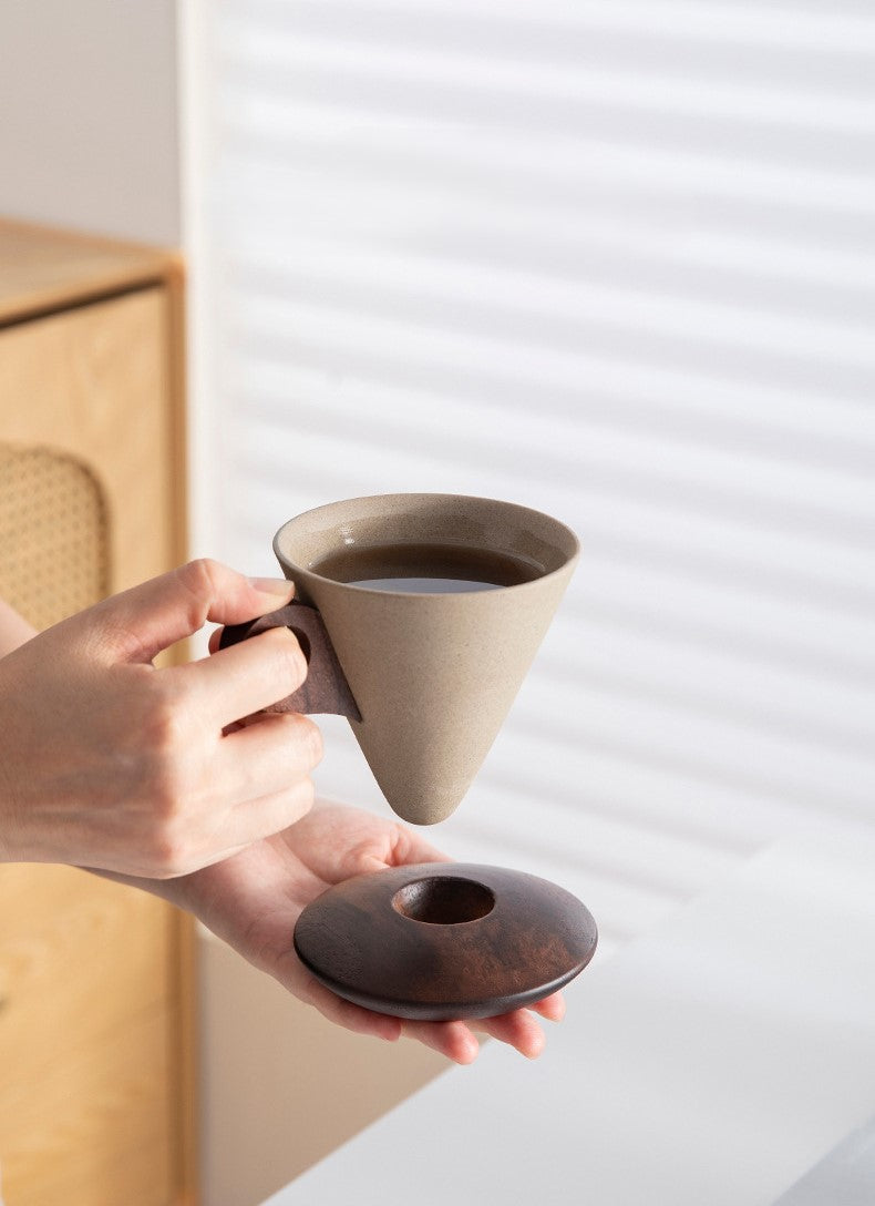 Funnel Balance – Handcrafted Rustic Ceramic Coffee Cup with Wooden Saucer