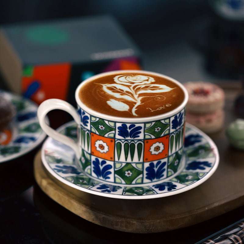 Garden Mosaic Elegance – Hand-Painted Porcelain Coffee Cup & Saucer Set