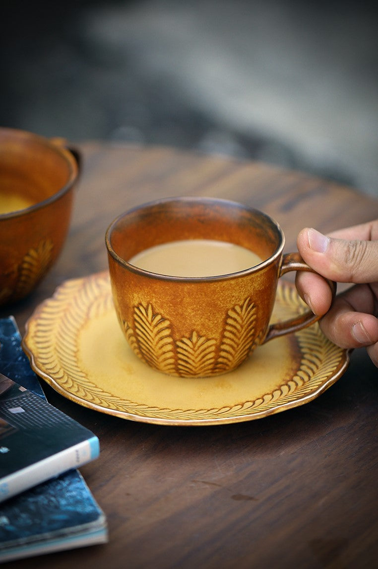 Golden Grain Elegance – Handcrafted Porcelain Coffee Cup & Saucer Set