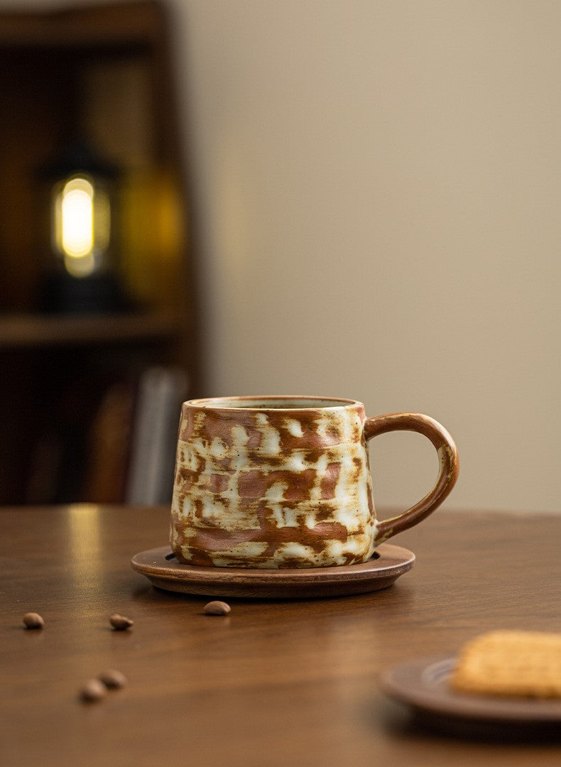 Rustic Ember – Handcrafted Ceramic Coffee Cup with Wooden Saucer