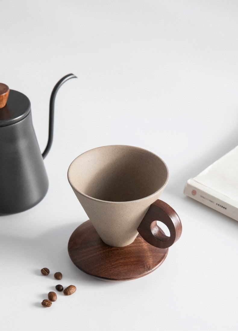 Funnel Balance – Handcrafted Rustic Ceramic Coffee Cup with Wooden Saucer