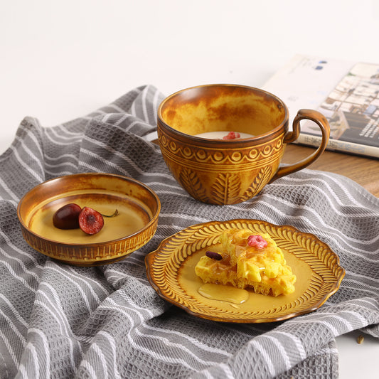 Golden Relief Elegance – Handcrafted Ceramic Coffee Mug & Saucer Set