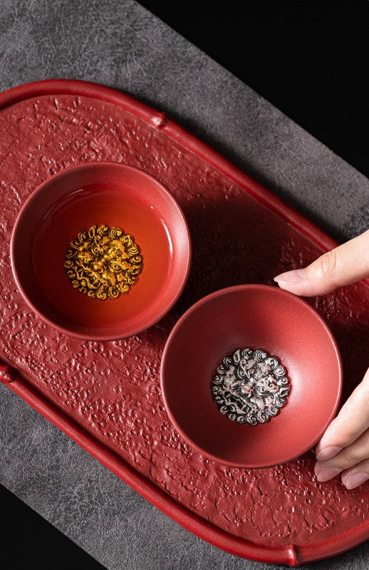 Four Seasons Peace — Handcrafted Ceramic Tea Cup Set with Forbidden City Red glaze