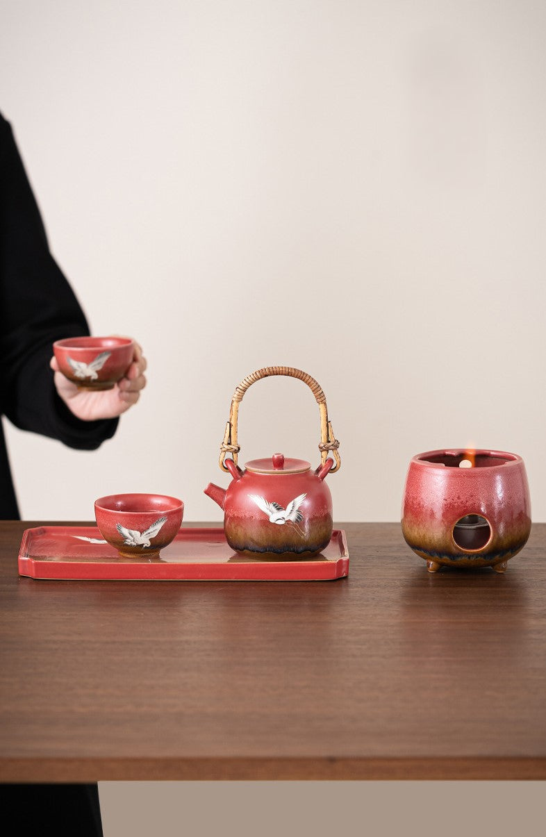 Forbidden City Red “Celestial Crane” Teapot Set — Five-Piece Auspicious Tea Ceremony Gift Collection