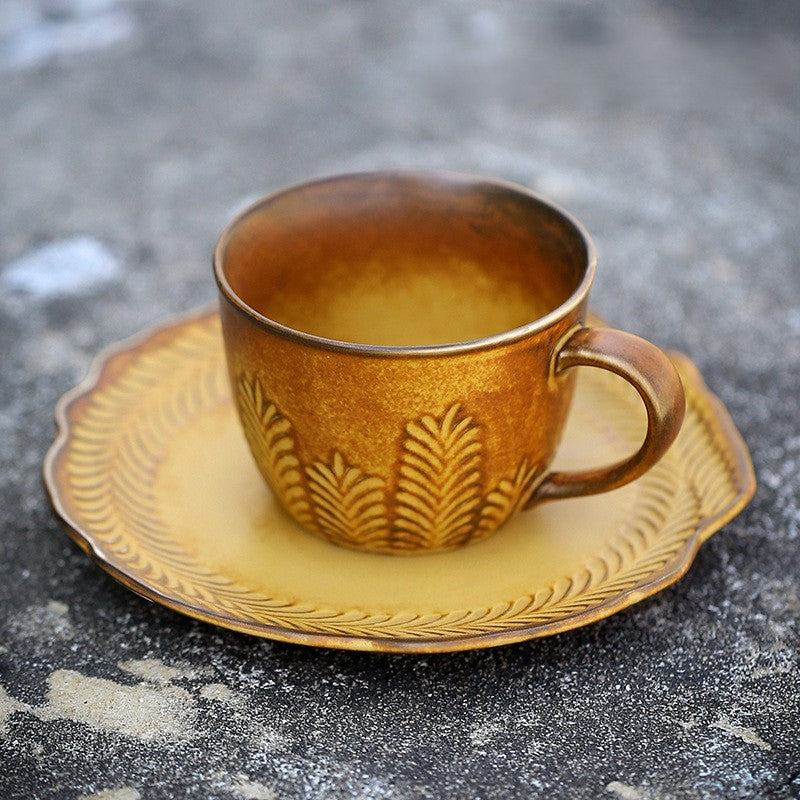 Golden Grain Elegance – Handcrafted Porcelain Coffee Cup & Saucer Set