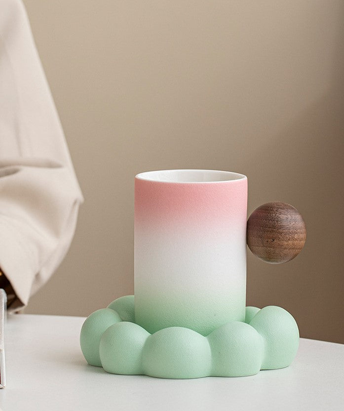 Cloud & Orb – Handcrafted Porcelain Mug with Wooden Sphere Handle & Saucer