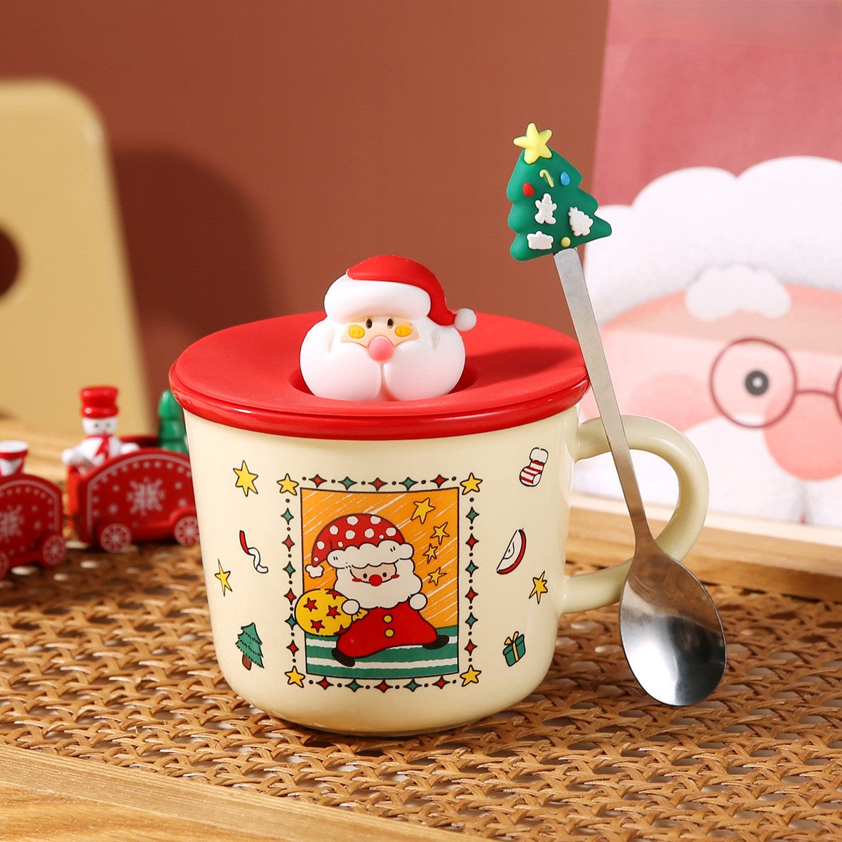Santa Joy – Handcrafted Christmas Ceramic Mug with Lid & Spoon