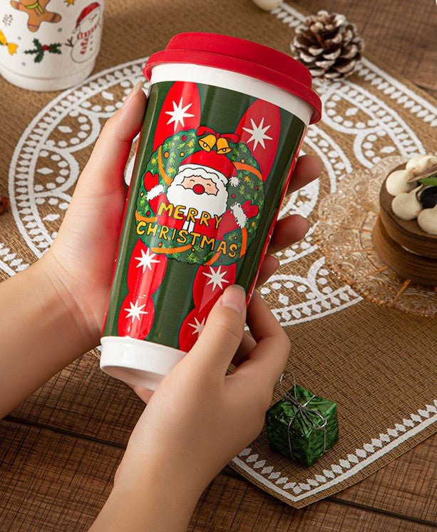 Holiday Grandeur – Large Christmas Ceramic Travel Mug with Lid Gift Set