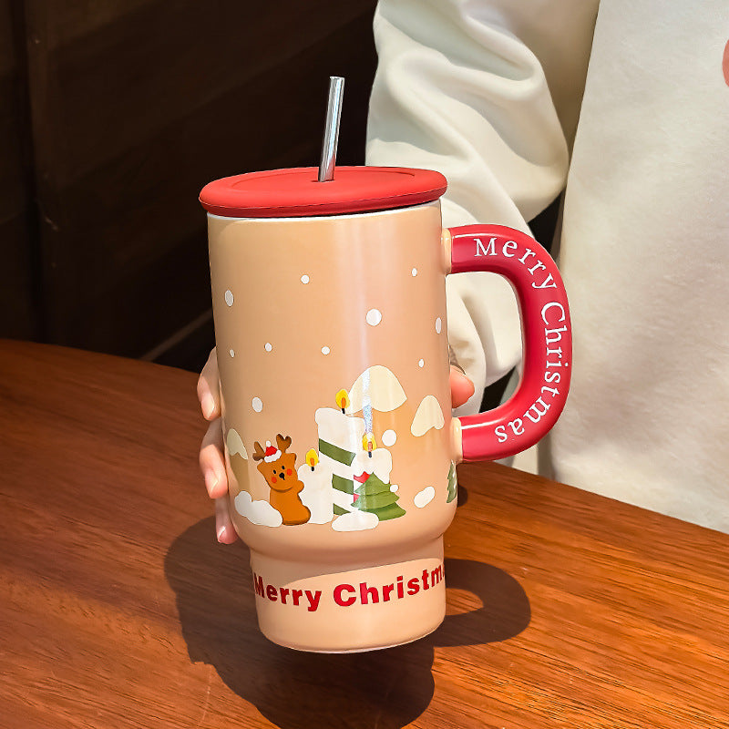 Holiday Hug – Large Christmas Ceramic Mug with Lid & Straw Gift Cup