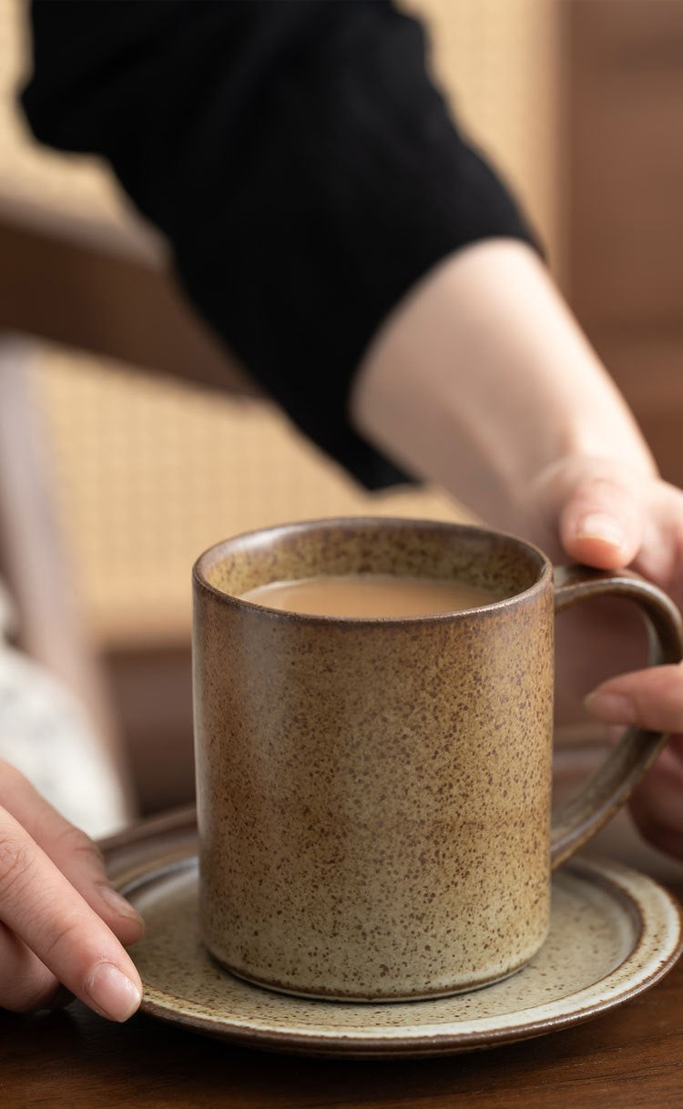 Earthen Stillness – Handcrafted Rustic Ceramic Straight Coffee Cup with Saucer
