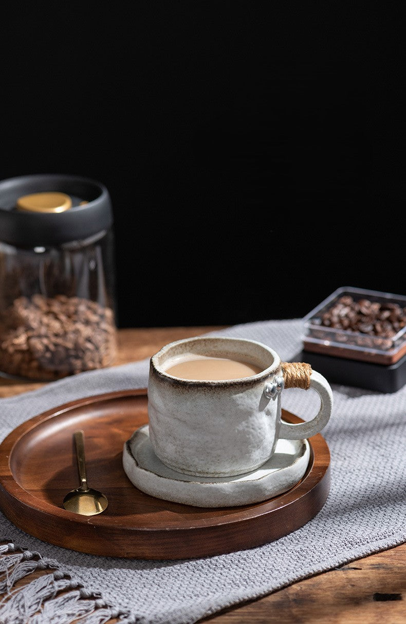 Earthbound Elegance – Wabi-Sabi Rope Handle Porcelain Coffee Cup & Saucer Set