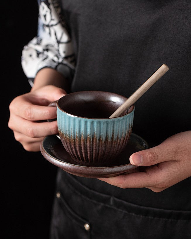 Rustic Glaze Echo – Handcrafted Porcelain Coffee Cup, Saucer & Spoon Set