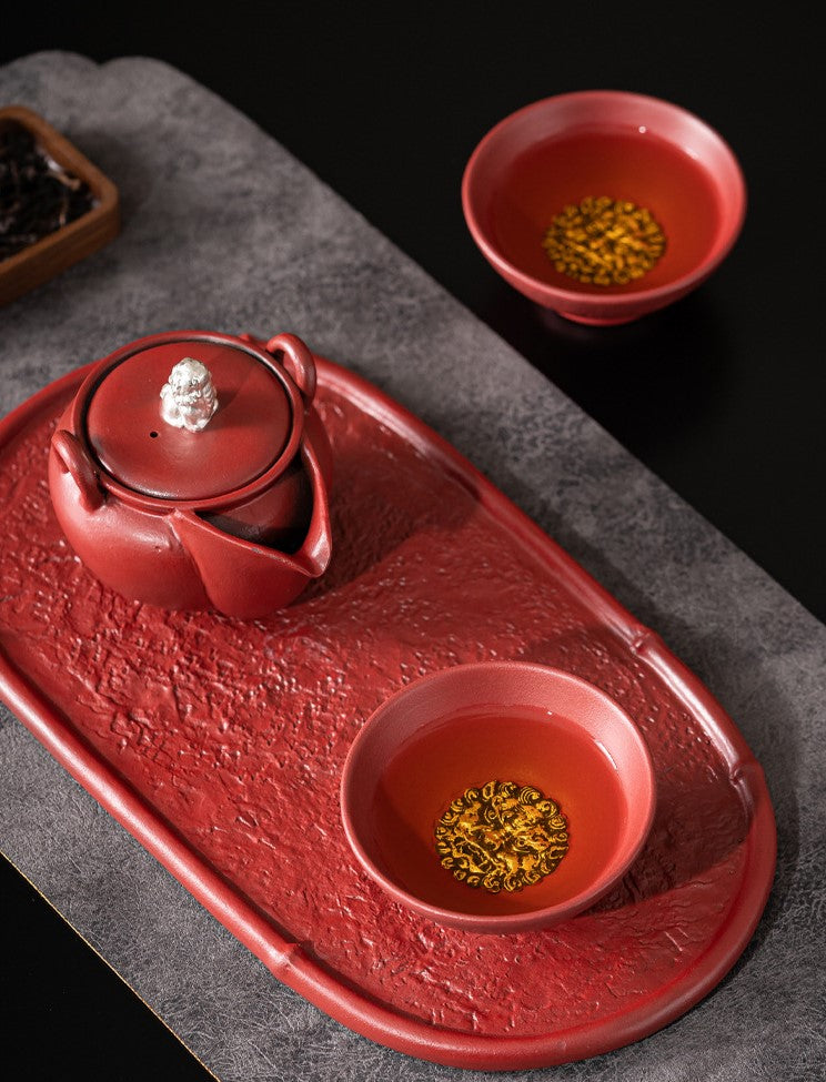 Four Seasons Peace — Handcrafted Ceramic Tea Cup Set with Forbidden City Red glaze