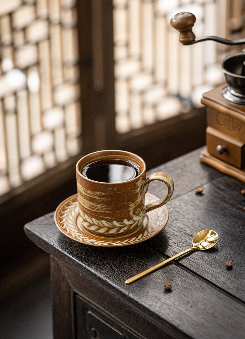 Wheat Harmony – Handcrafted Vintage Ceramic Coffee Cup & Saucer Set