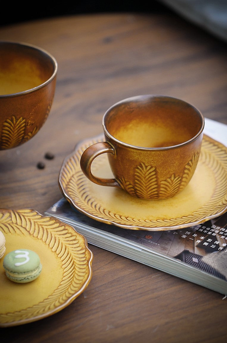 Golden Grain Elegance – Handcrafted Porcelain Coffee Cup & Saucer Set