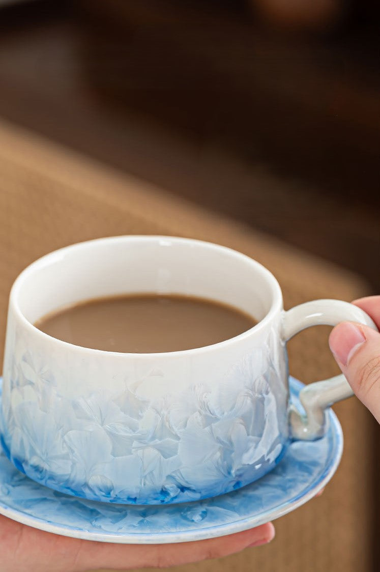 Crystal Bloom – Handcrafted Porcelain Coffee Cup & Saucer with Frosted Glaze