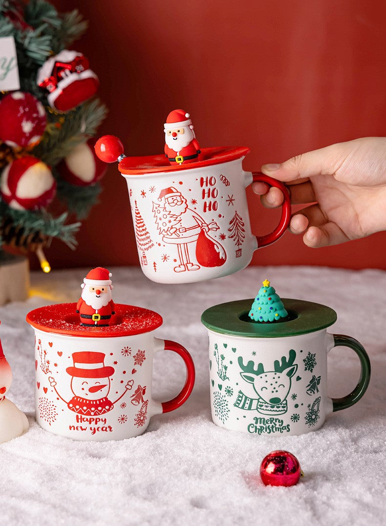 Merry Cheer Collection – Handcrafted Ceramic Christmas Mug with Lid & Spoon Gift Set