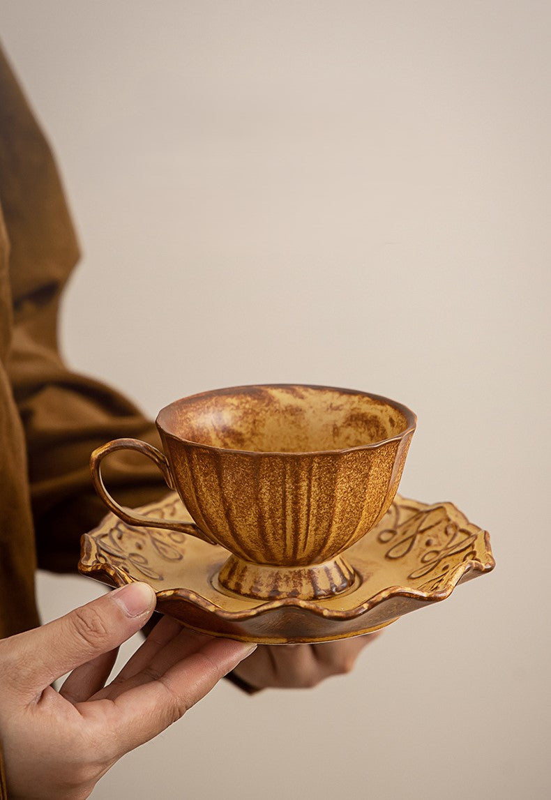 Rustic Petal Harmony – Handcrafted Porcelain Coffee Cup & Saucer Set