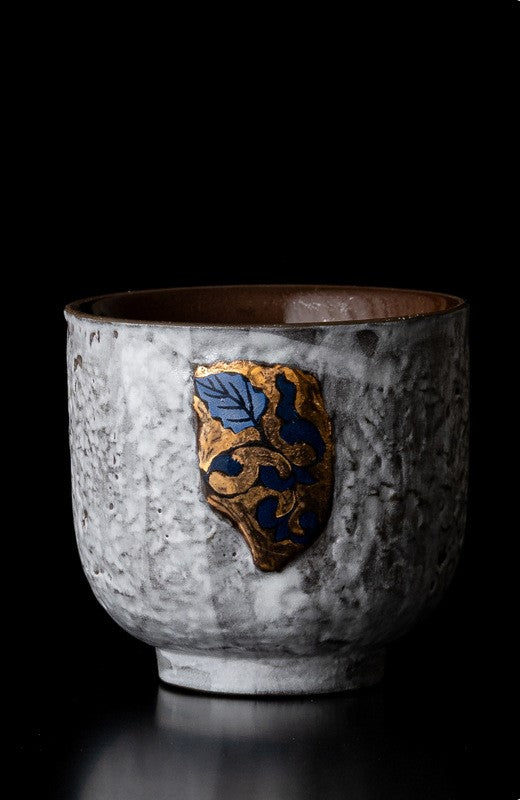 Gold And Silver Floral Emblems Ceramic Tea Cup Duo with Wooden Tray
