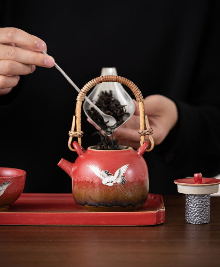 Forbidden City Red “Celestial Crane” Teapot Set — Five-Piece Auspicious Tea Ceremony Gift Collection