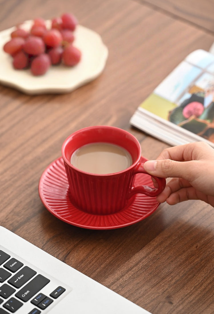 Ripple Glow – Vintage Red Ceramic Coffee Cup & Saucer Set