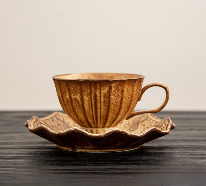 Rustic Petal Harmony – Handcrafted Porcelain Coffee Cup & Saucer Set