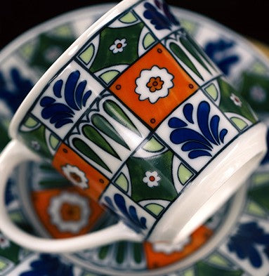 Garden Mosaic Elegance – Hand-Painted Porcelain Coffee Cup & Saucer Set