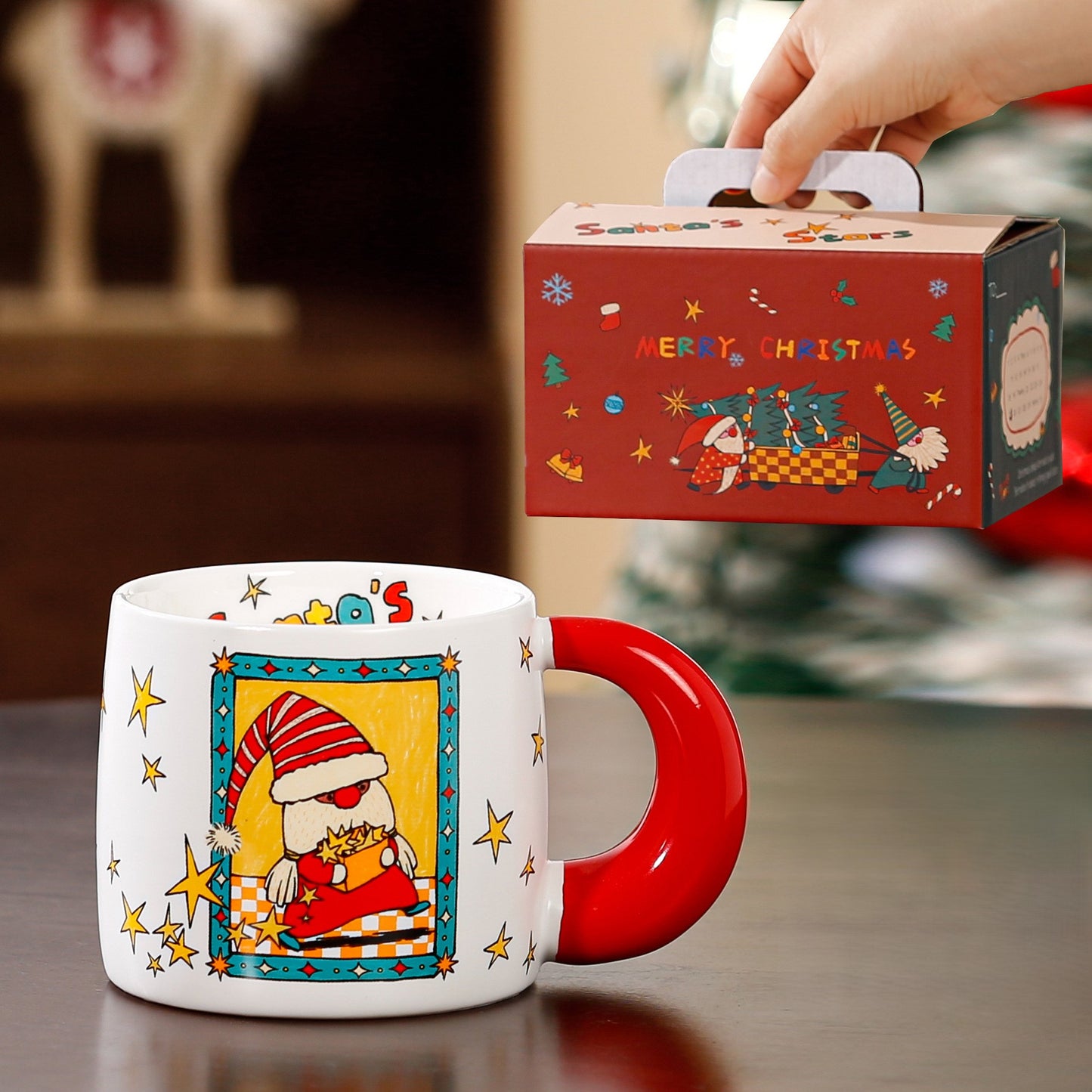 Merry Tales Charm – Handcrafted Christmas Ceramic Mug with Lid & Spoon Gift Cup