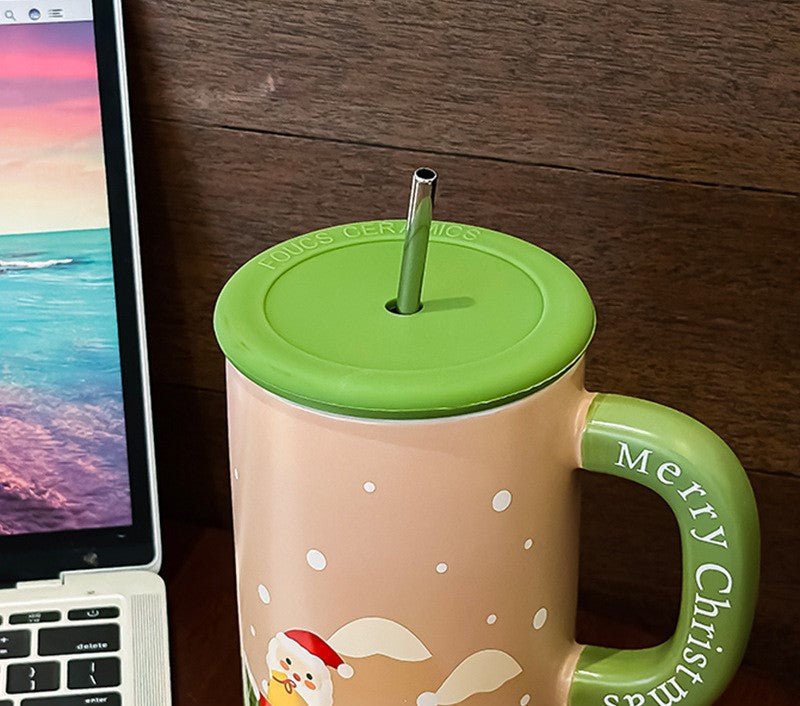 Holiday Hug – Large Christmas Ceramic Mug with Lid & Straw Gift Cup